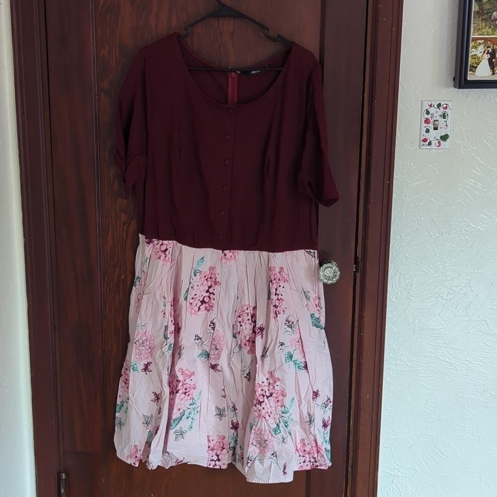 eShakti Burgundy & Pink Floral Short Sleeve Fit & Flare Dress